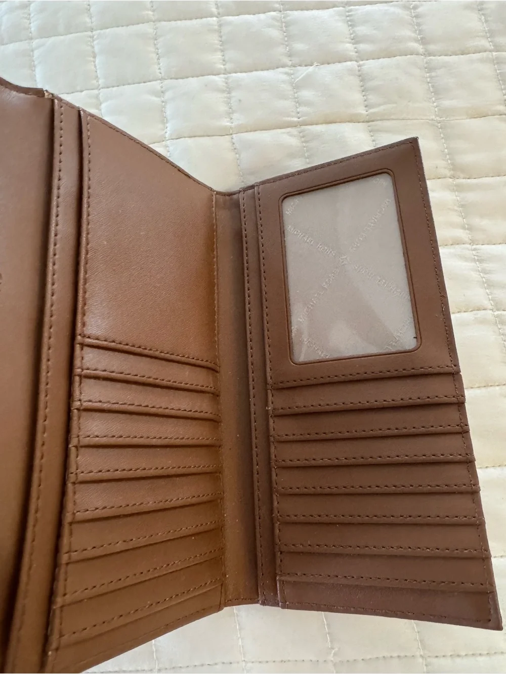 Michael Kors Taupe Signature MK Clutch with Gold Logo